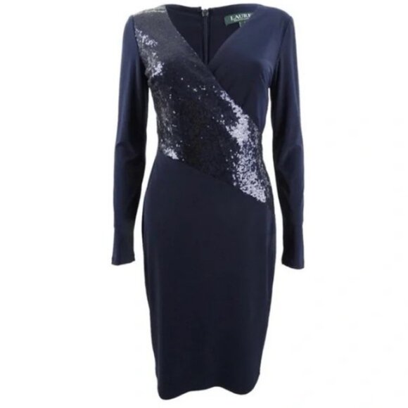 Lauren Ralph Lauren navy blue sequin-panel long sleeve dress size M - Picture 2 of 7